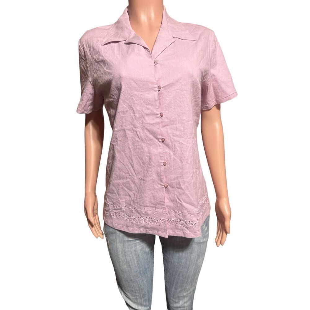 Pulp women's button-up short sleeve linen smoky rose embroidery shirt size M